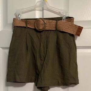 Forever 21 Olive Green High-Waist Shorts with Woven Tan Belt